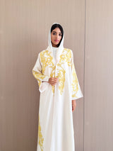 V Neck Abaya - Yellow Bead Work Lace on Front Sleeves