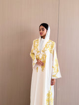 V Neck Abaya - Yellow Bead Work Lace on Front Sleeves