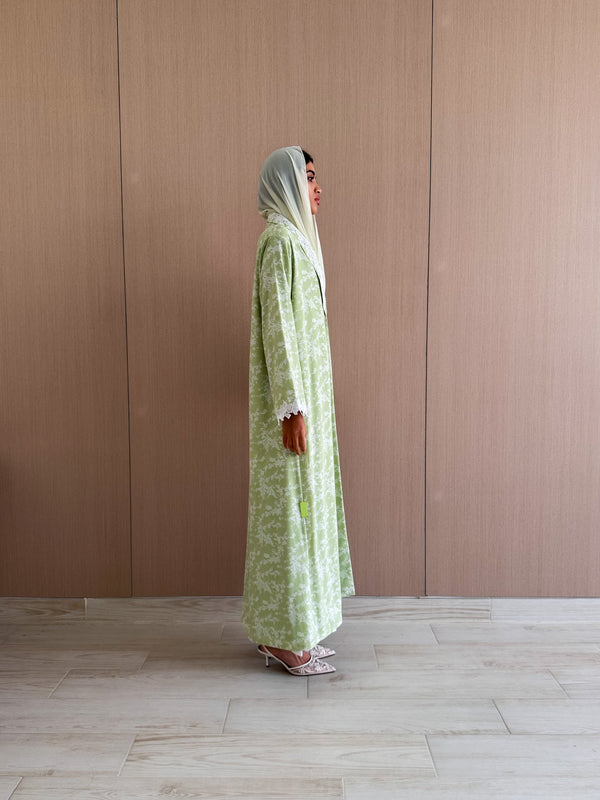 Zainah Cut Abaya in Mixed Printed Chiffon With White Flower