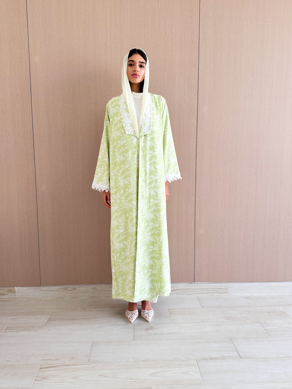 Zainah Cut Abaya in Mixed Printed Chiffon With White Flower