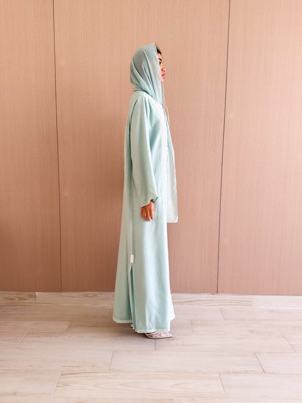 Round Neck Abaya With Tie Ropes - White bead Embroidery