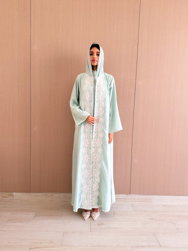 Round Neck Abaya With Tie Ropes - White bead Embroidery