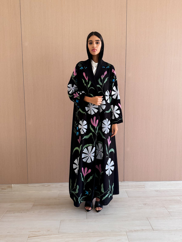Notched Collar Abaya With Mixed Flower Art Design(Blue Bell) in Black