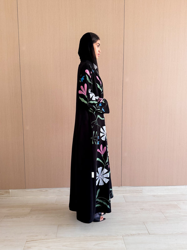 Notched Collar Abaya With Mixed Flower Art Design(Blue Bell) in Black