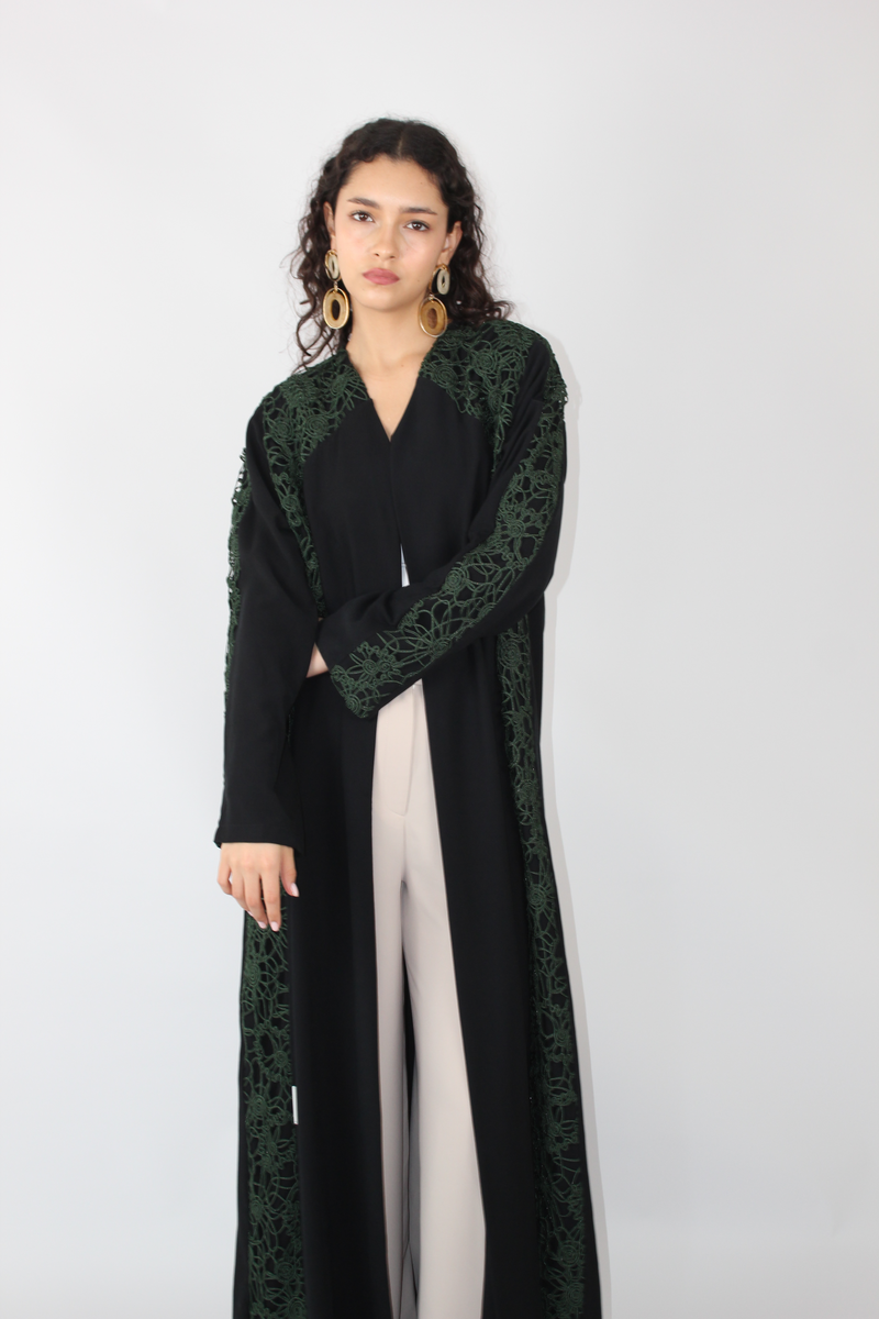Classic V-Neck Abaya with Green Lace
