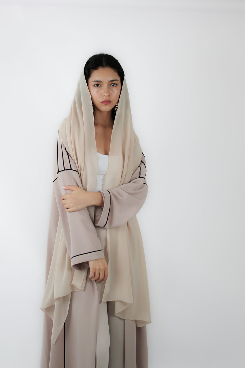 V- Neck Abaya with Black piping Details