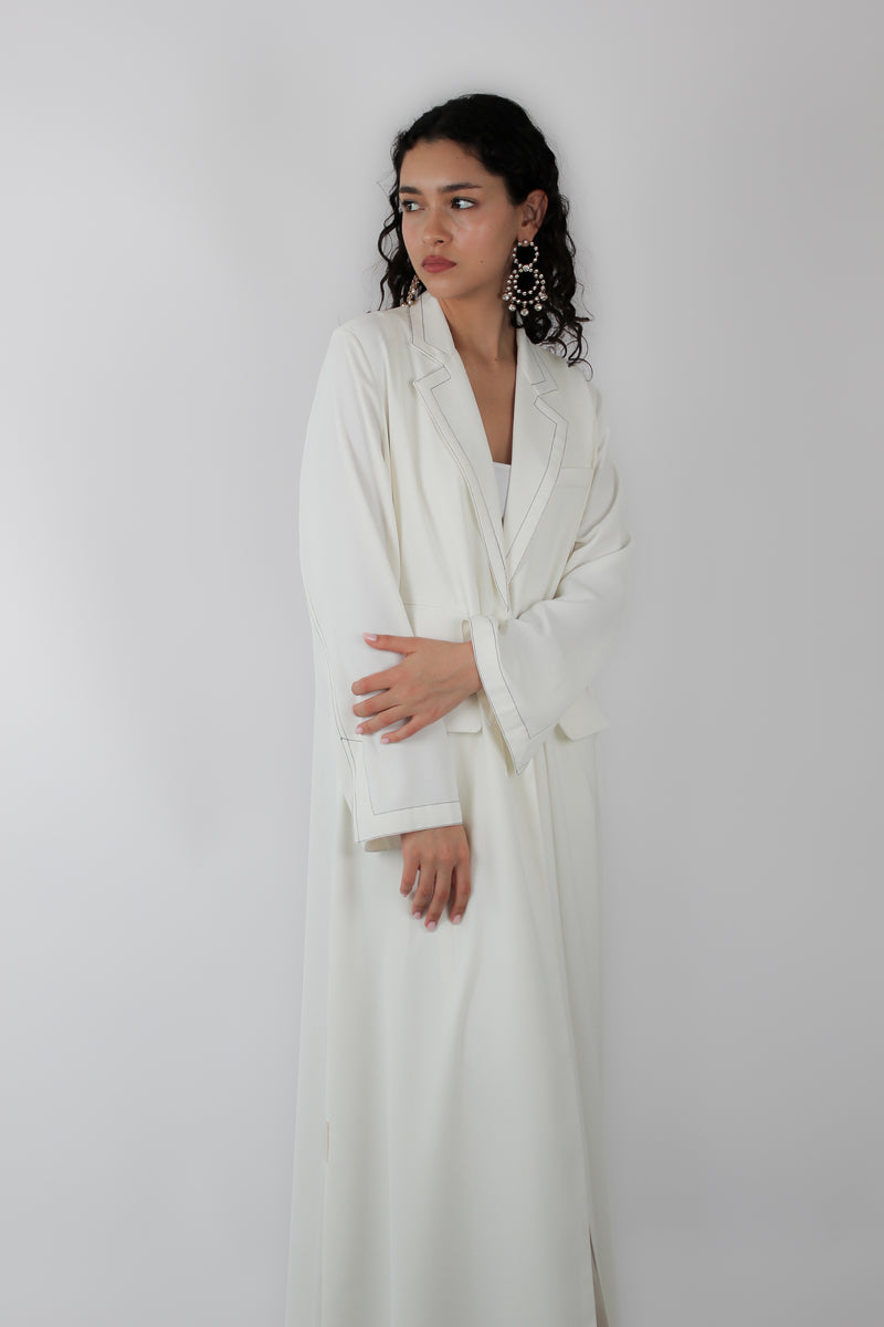 Notched Color Abaya in White Twill
