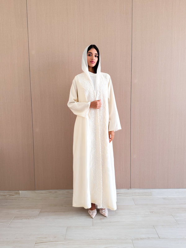 V Neck Abaya silver Bead Embroidery on Front Bottom