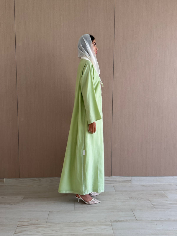 V Neck Abaya Silver Bead Embroidery on Front With Tie Ropes