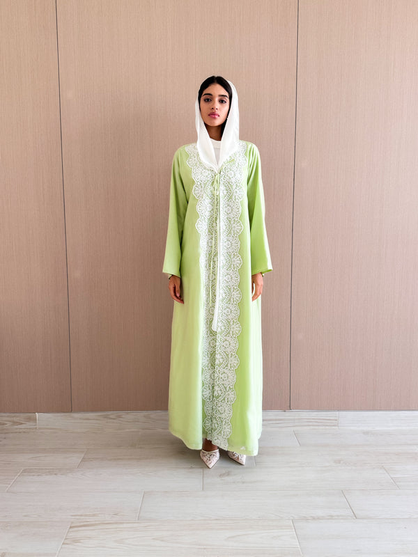 V Neck Abaya Silver Bead Embroidery on Front With Tie Ropes