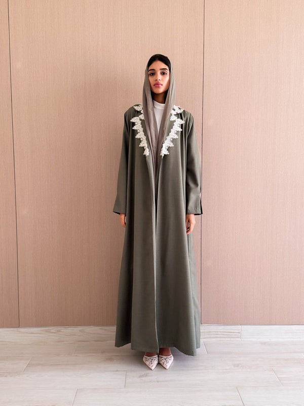 Notched Collar Abaya - white Flower Lace