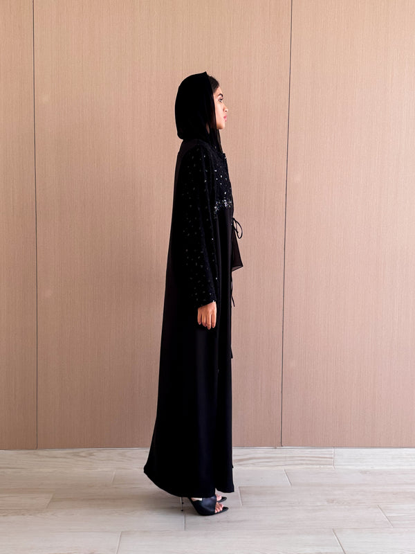 Round Neck Black Polycrape Abaya - Lace Panel