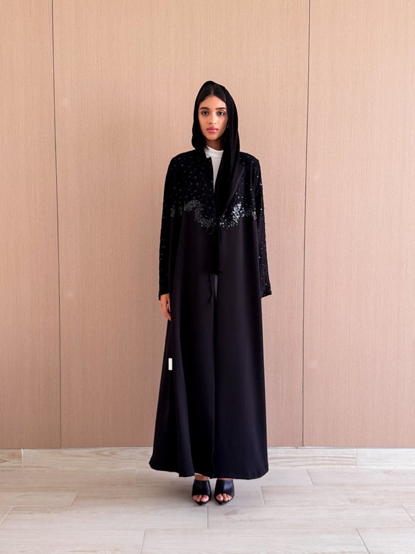 Round Neck Black Polycrape Abaya - Lace Panel