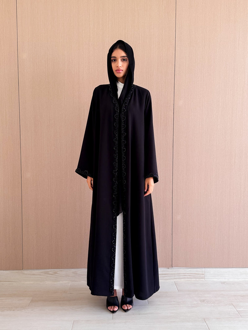 V Neck Abaya Semi circle Bead Work on Border and Sleeves