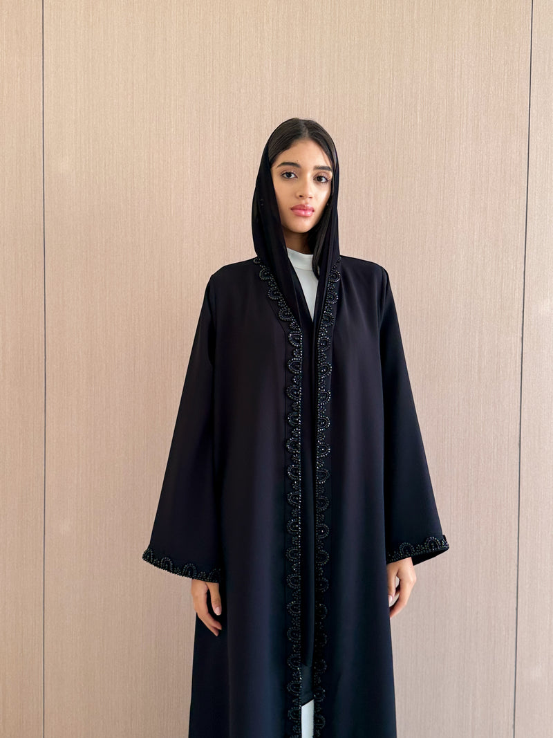 V Neck Abaya Semi circle Bead Work on Border and Sleeves