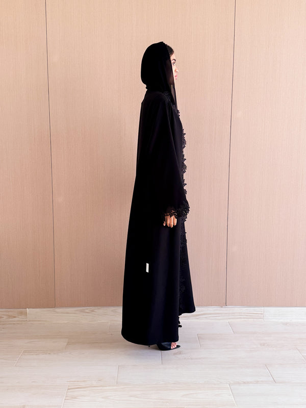Abaya With Flower Marrakesh Lace in Front and Sleeves