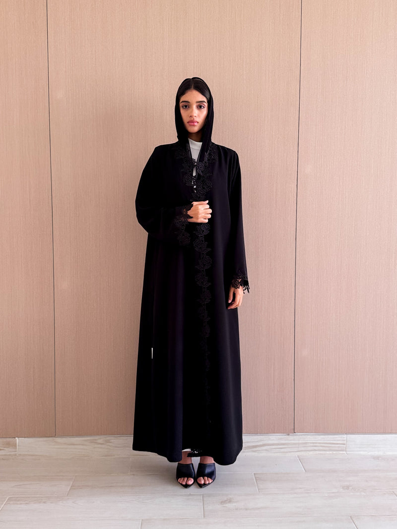 Abaya With Flower Marrakesh Lace in Front and Sleeves