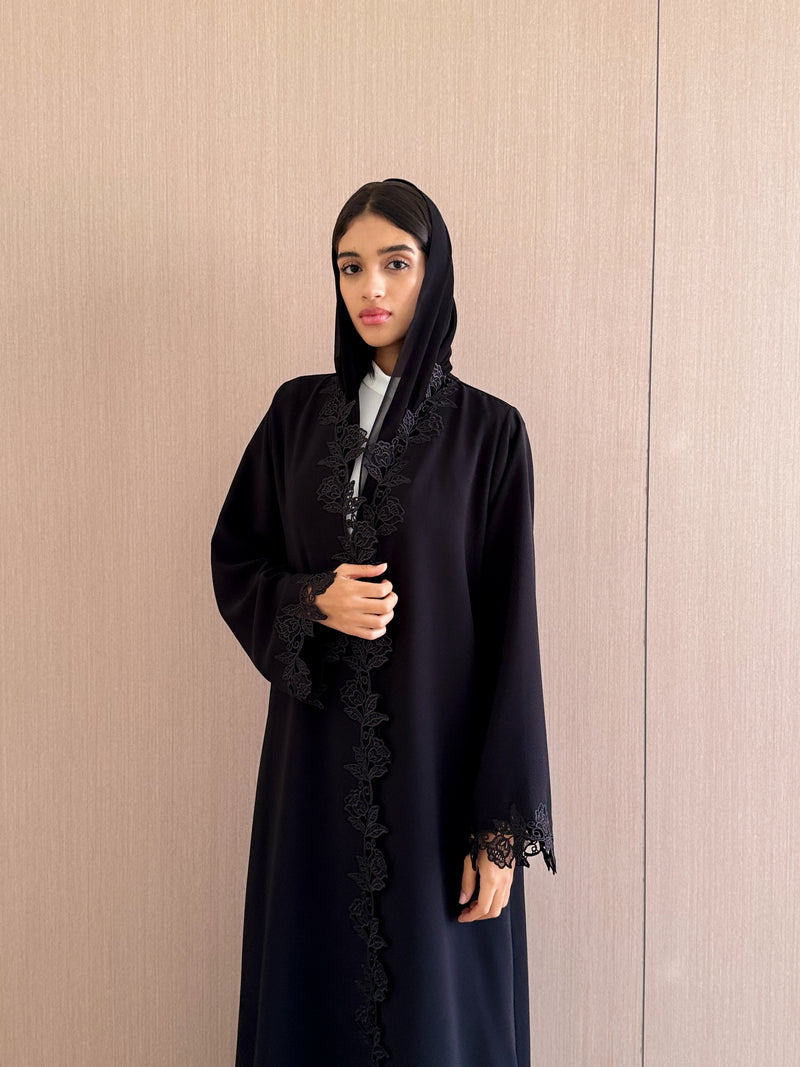 Abaya With Flower Marrakesh Lace in Front and Sleeves