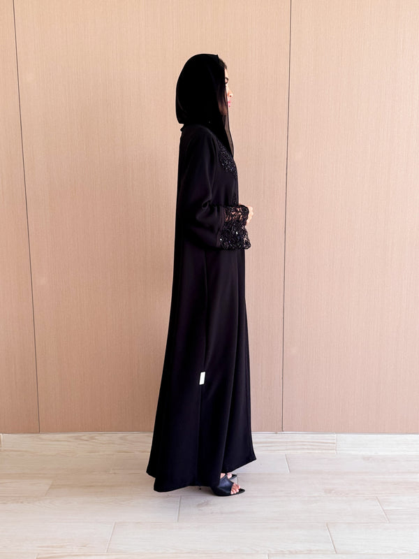 V Neck Black Abaya - Bead Work Patch Lace on front