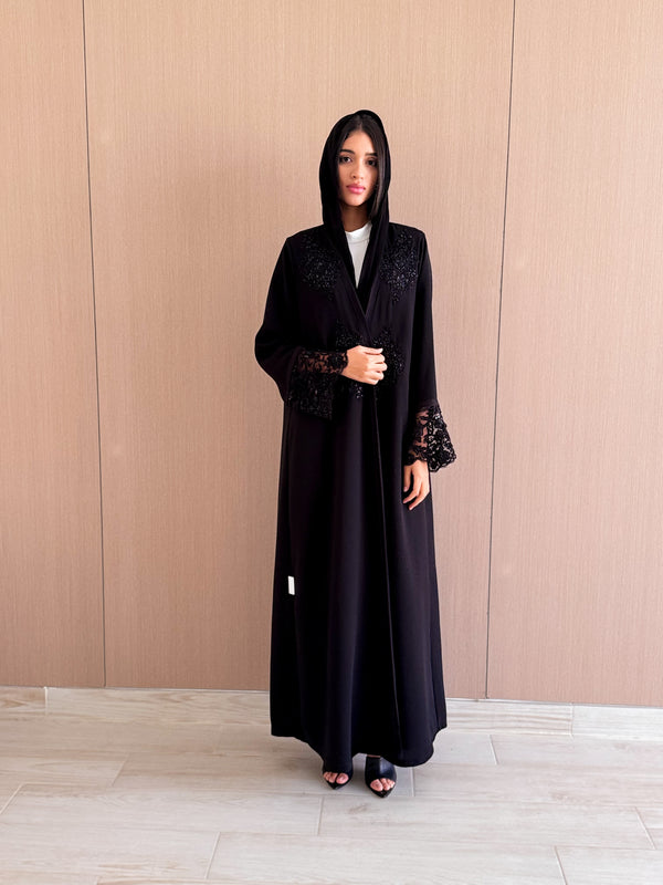 V Neck Black Abaya - Bead Work Patch Lace on front