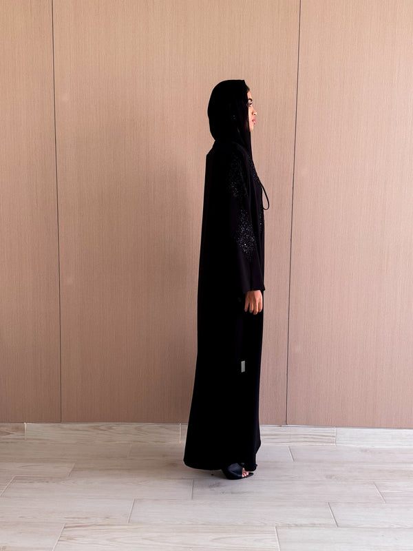 V Neck Abaya Patch on the Front and Sleeves With Ribbons