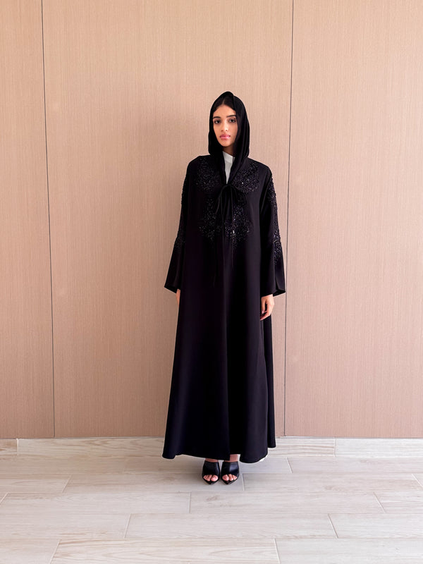 V Neck Abaya Patch on the Front and Sleeves With Ribbons