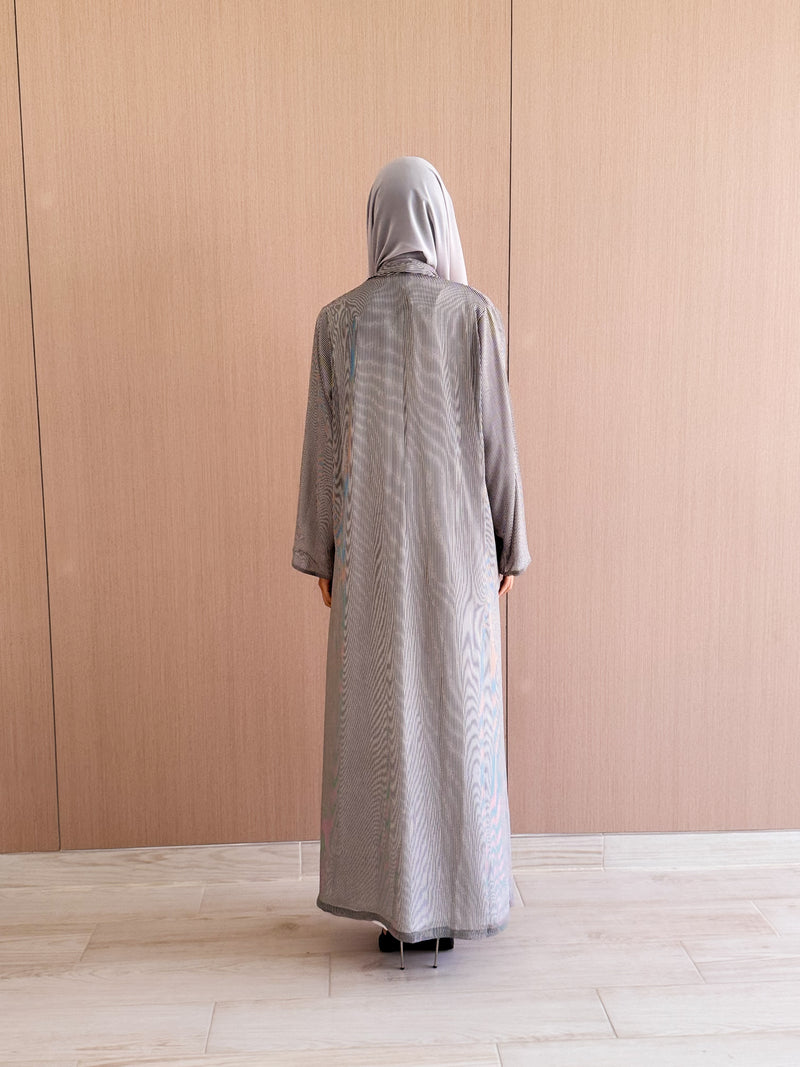 Zainah Cut Abaya - Navy Blue Stripes on grey Printed Chiffon