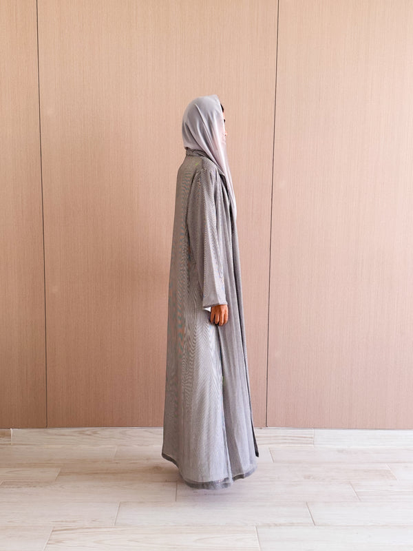 Zainah Cut Abaya - Navy Blue Stripes on grey Printed Chiffon