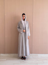Zainah Cut Abaya - Navy Blue Stripes on grey Printed Chiffon