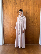 V Neck Abaya With Curvy Laser Cut emb.on Front and Sleeves