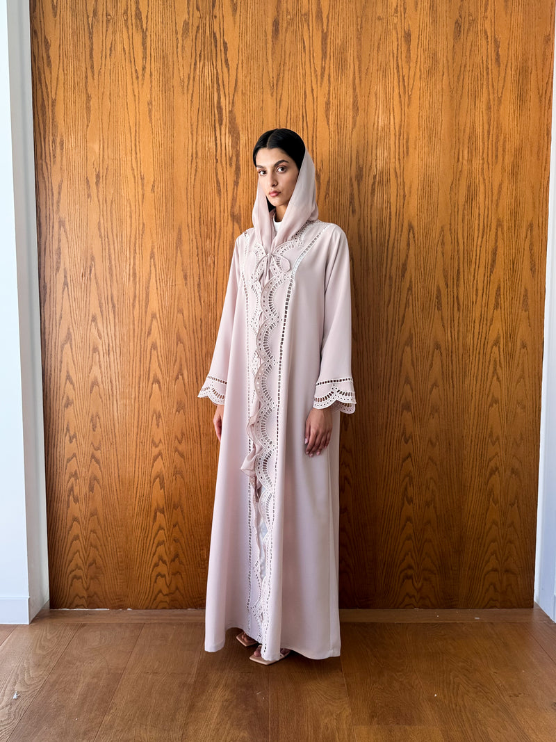 V Neck Abaya With Curvy Laser Cut emb.on Front and Sleeves