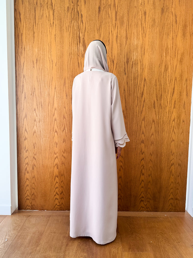 V Neck Abaya With Curvy Laser Cut emb.on Front and Sleeves