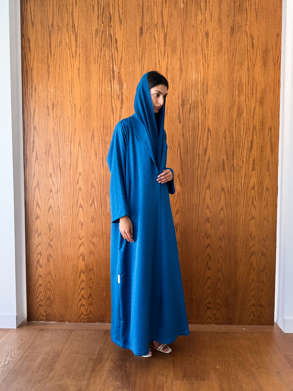 Zainah Cut Abaya With Blue Floral Self Embossed Silk