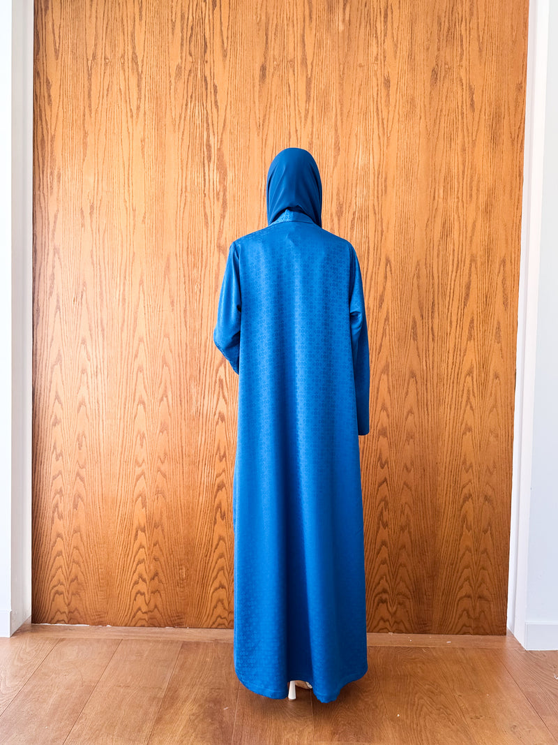 Zainah Cut Abaya With Blue Floral Self Embossed Silk