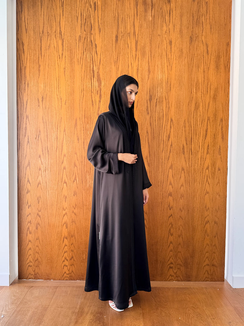 V Neck Abaya - Black Moroccan Lace on Front Cuff