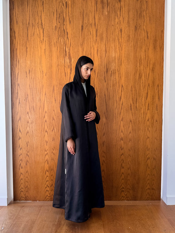 V Neck Abaya - Black Moroccan Lace on Front and Sleeves