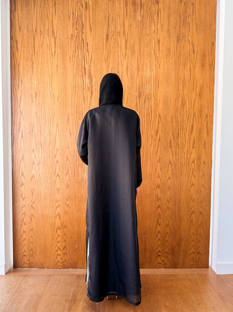 V Neck Abaya - Black Moroccan Lace on Front and Sleeves