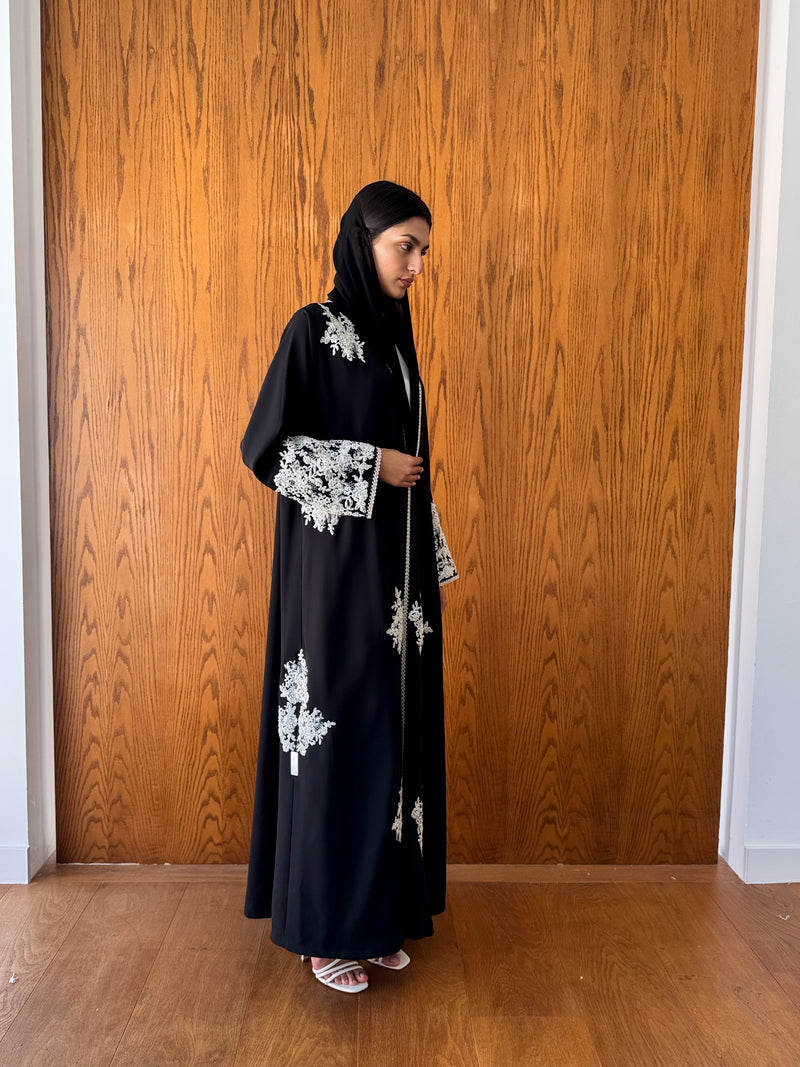 V Neck Abaya - Silver Moroccan Lace on Front and Sleeves