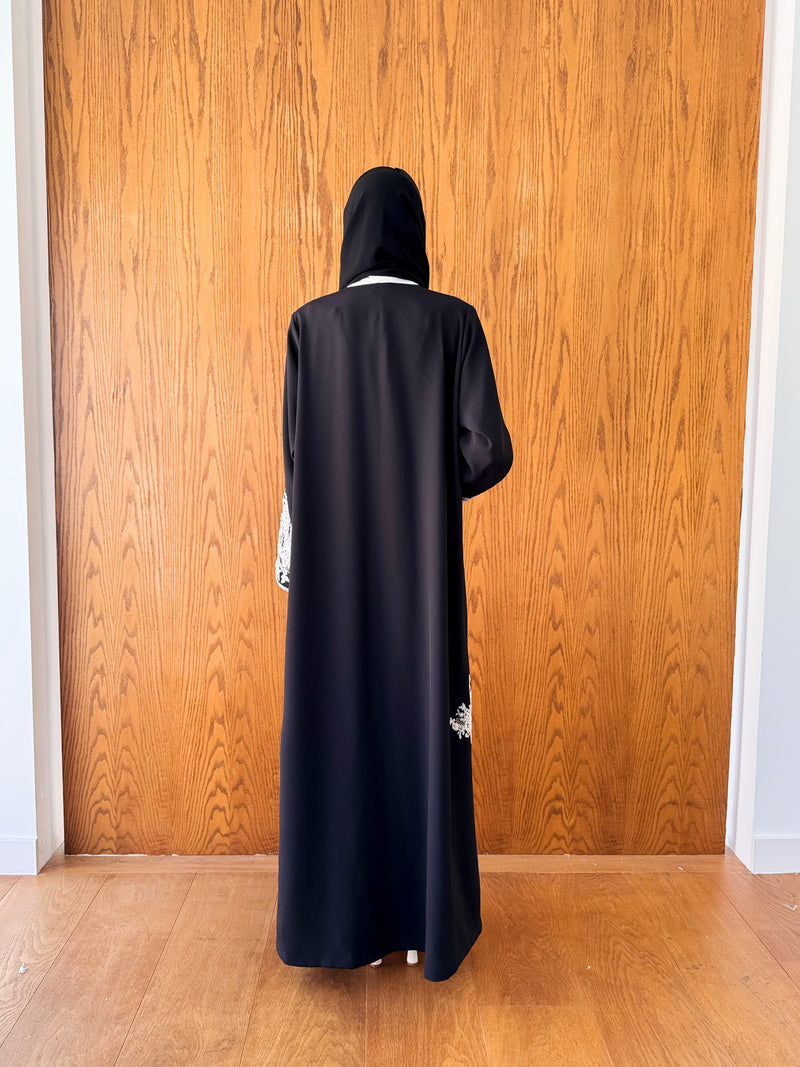 V Neck Abaya - Silver Moroccan Lace on Front and Sleeves