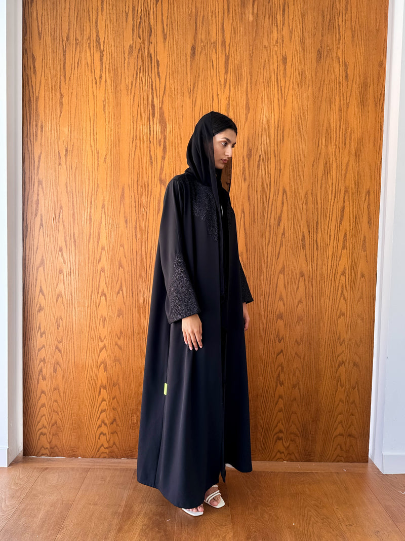 Round Neck Abaya - Black Emb. Lace on Neck Line and Sleeves