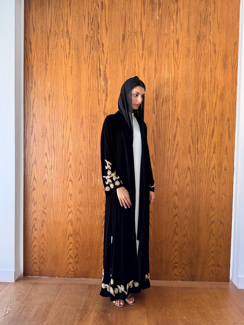 V neck abaya with border on neck line and beads works