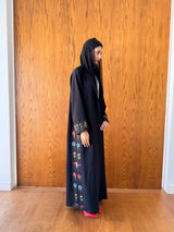 Round Neck Black Abaya - Mixed Colour Emb. Square Texture