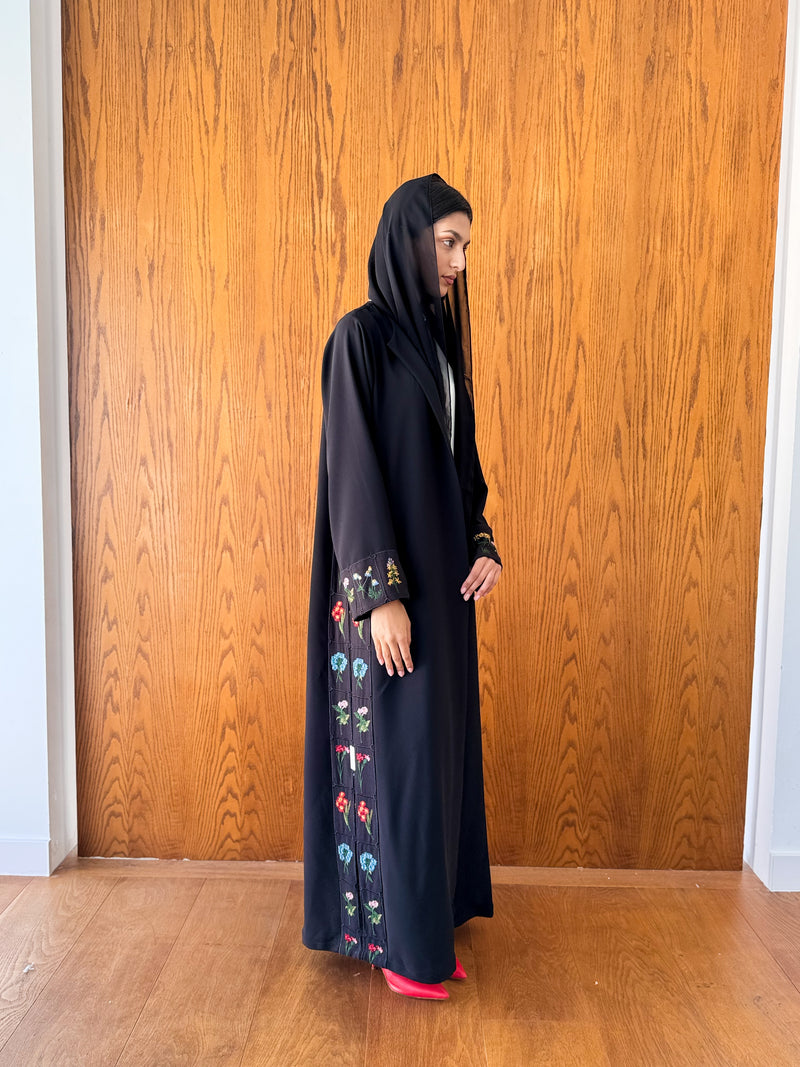 Round Neck Black Abaya - Mixed Colour Emb. Square Texture