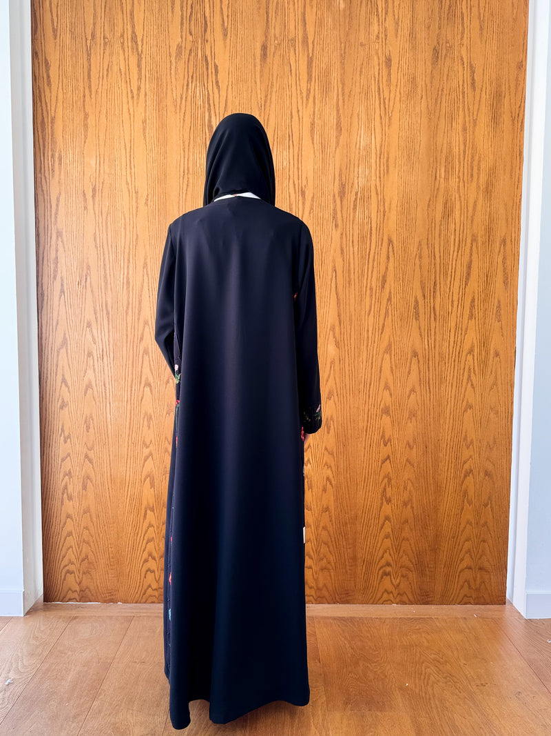 Round Neck Black Abaya - Mixed Colour Emb. Square Texture
