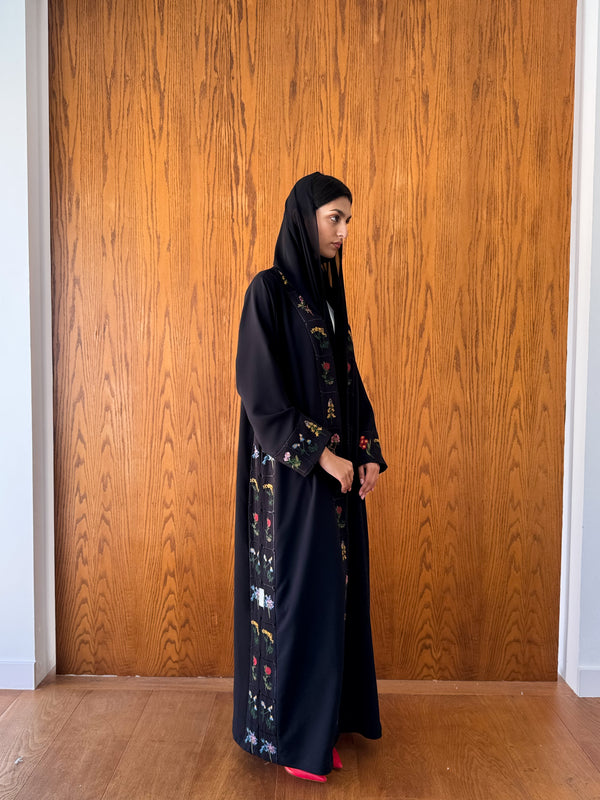 V Neck Black Abaya - Mixed Colour Emb. Square Texture