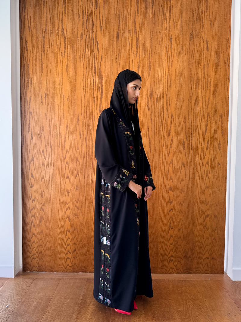 V Neck Black Abaya - Mixed Colour Emb. Square Texture