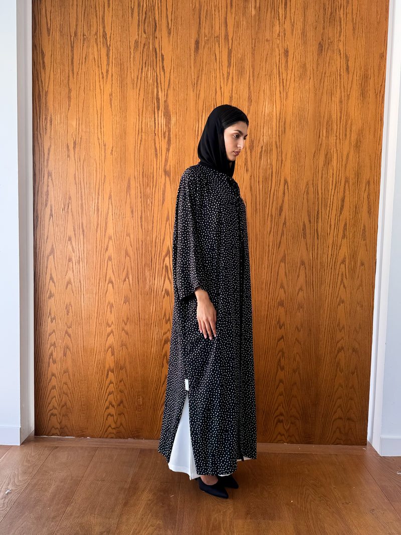 Round Neck Black Bish Cut Abaya - Tie Rope on Front
