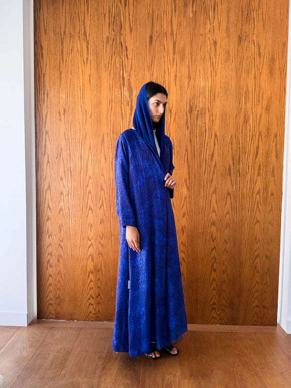V Neck Abaya - Blue With Black Mixed Colour - Pure Silk