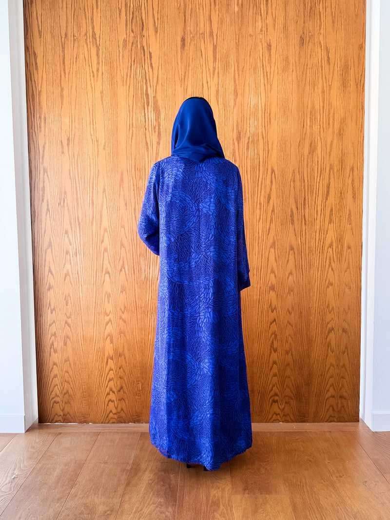 V Neck Abaya - Blue With Black Mixed Colour - Pure Silk