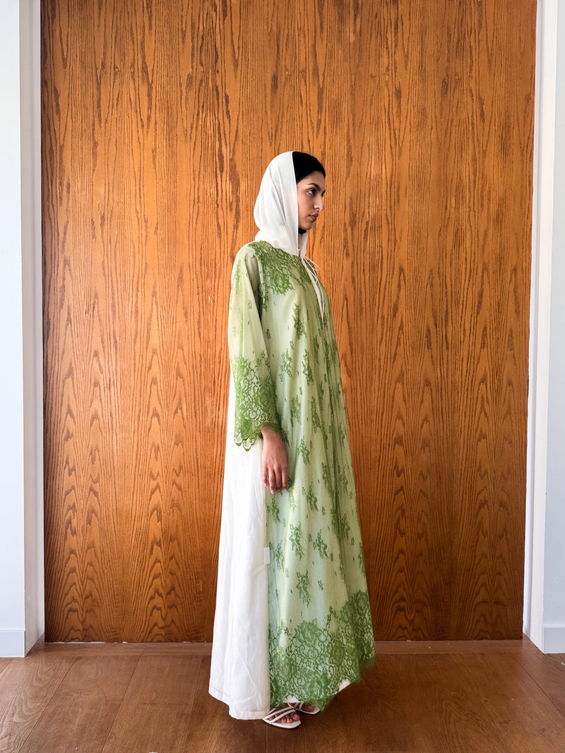 Round Neck Abaya - Tie Rope on Front - Green Dantil Lace